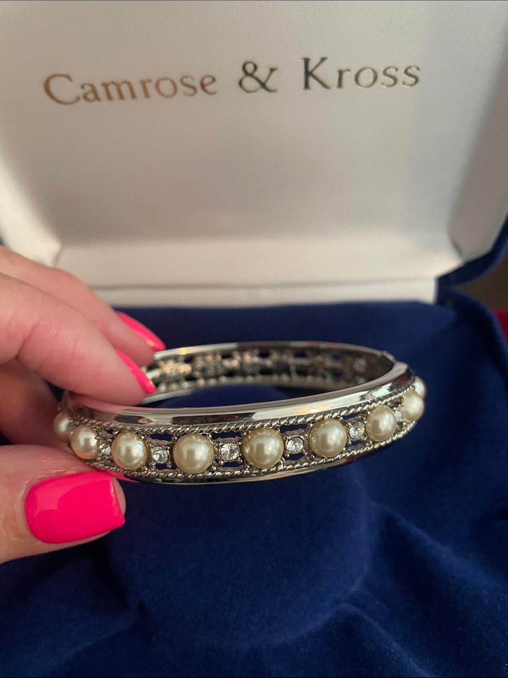 Silver Pearl and Crystal Bangle Bracelet